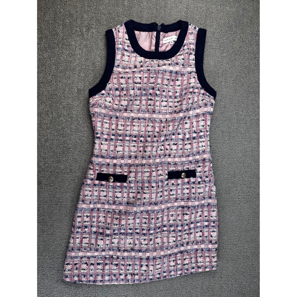 Endless Rose Pink Blue Tweed Shift Dress Sleeveless Navy Trim Gold Buttons XS